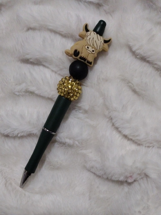 Handcrafted Other - Cute Highland Cow Beaded Ballpoint Pen - Black & Gold